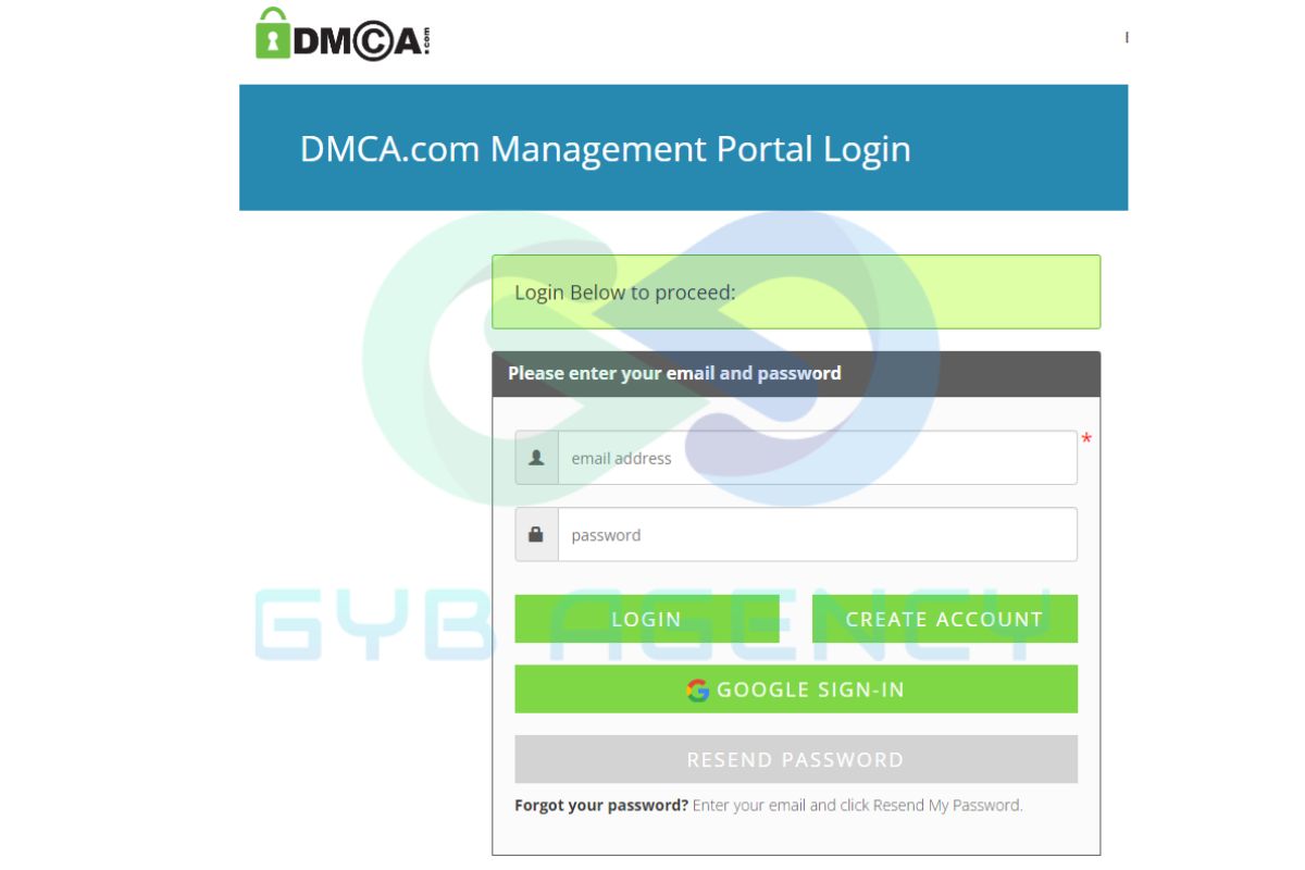 Đăng nhập vào tài khoản DMCA đã tạo