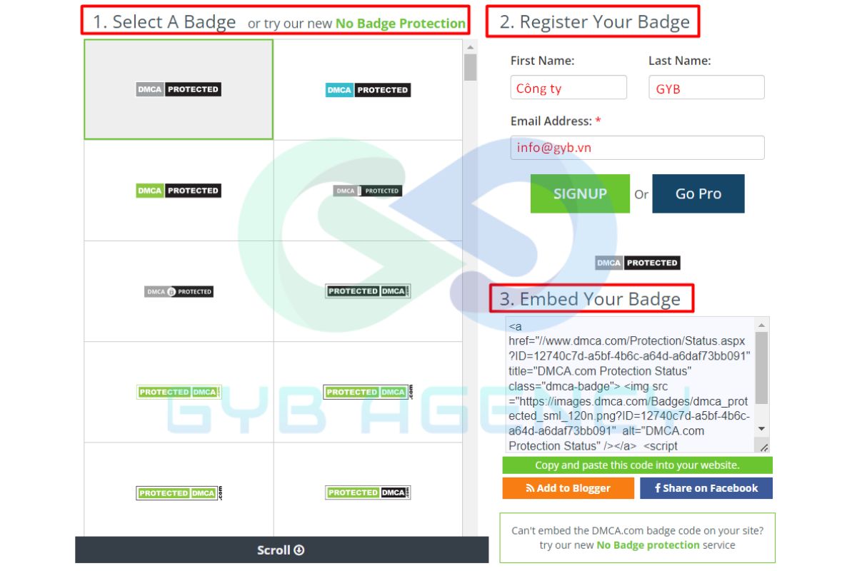 Điền thông tin tại phần Register Your Badge trên DMCA