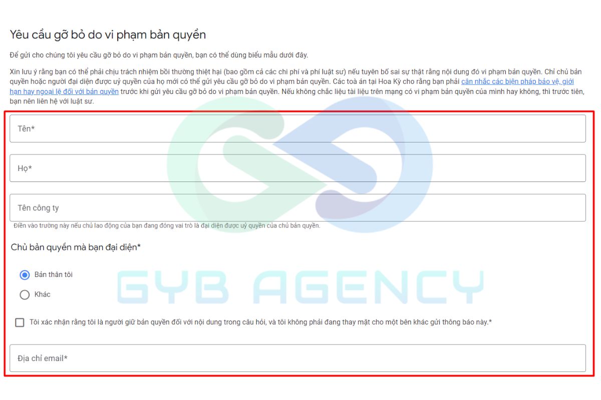 Điền thông tin liên hệ trong bản Thông báo vi phạm DMCA của Google