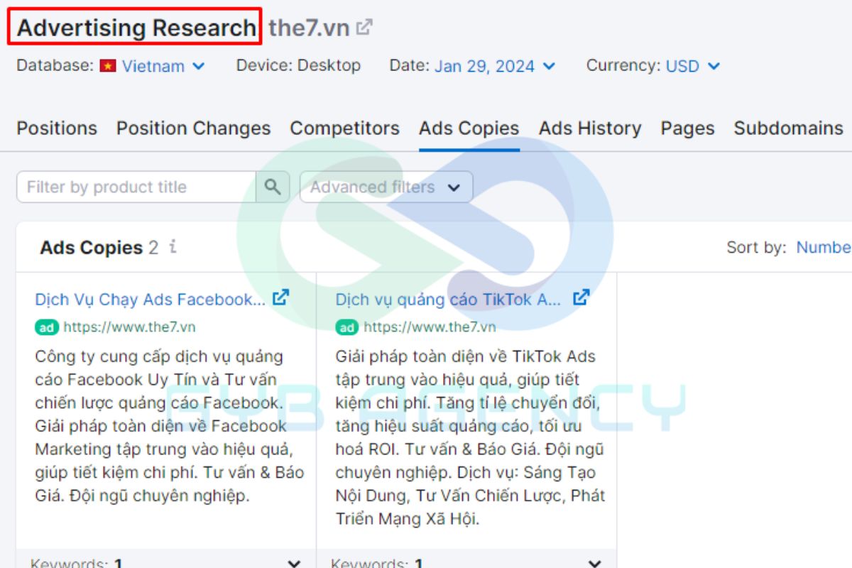 Tính năng Advertising Research trên công cụ SEMrush