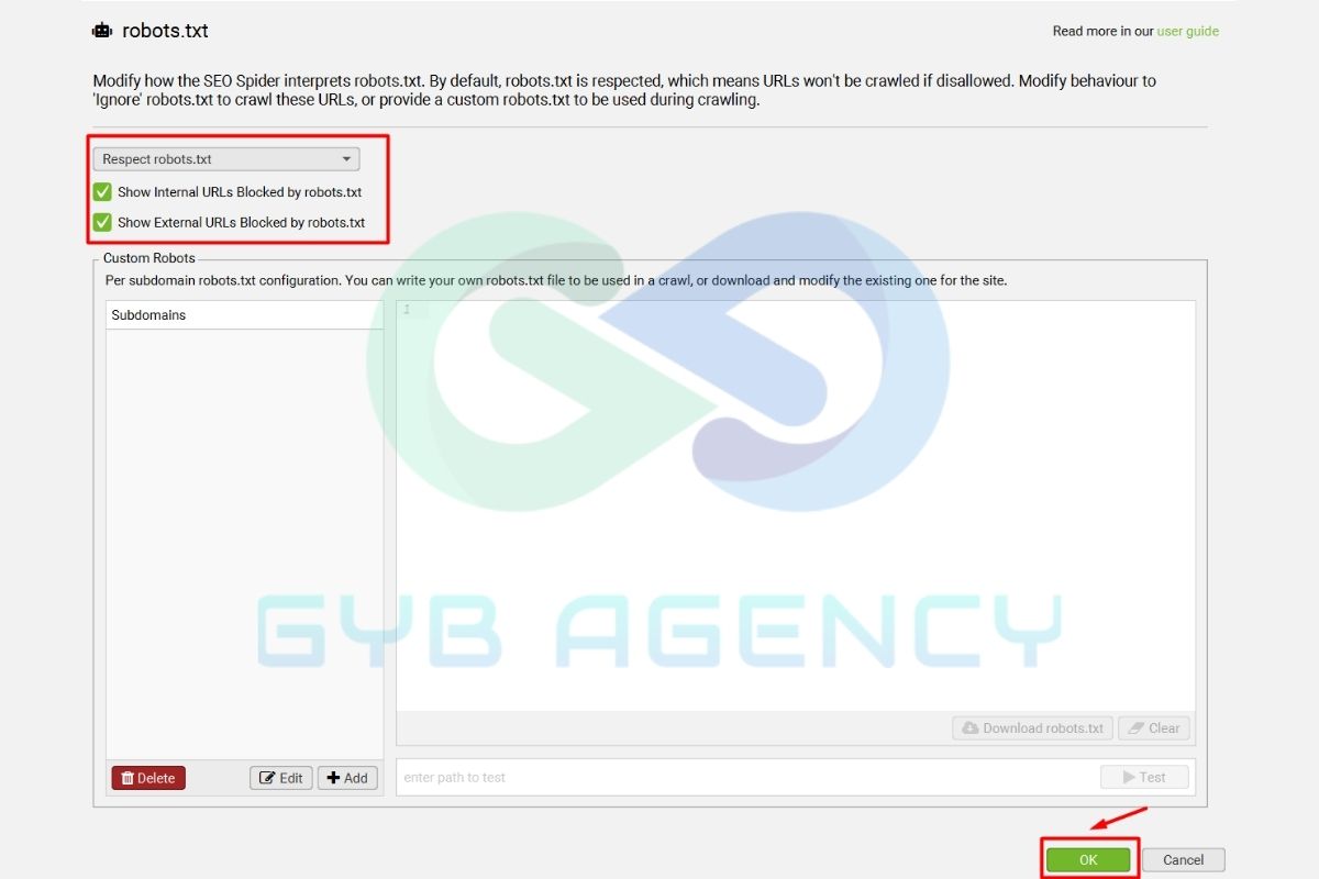 Giao diện tab robots.txt trong công cụ Screaming Frog