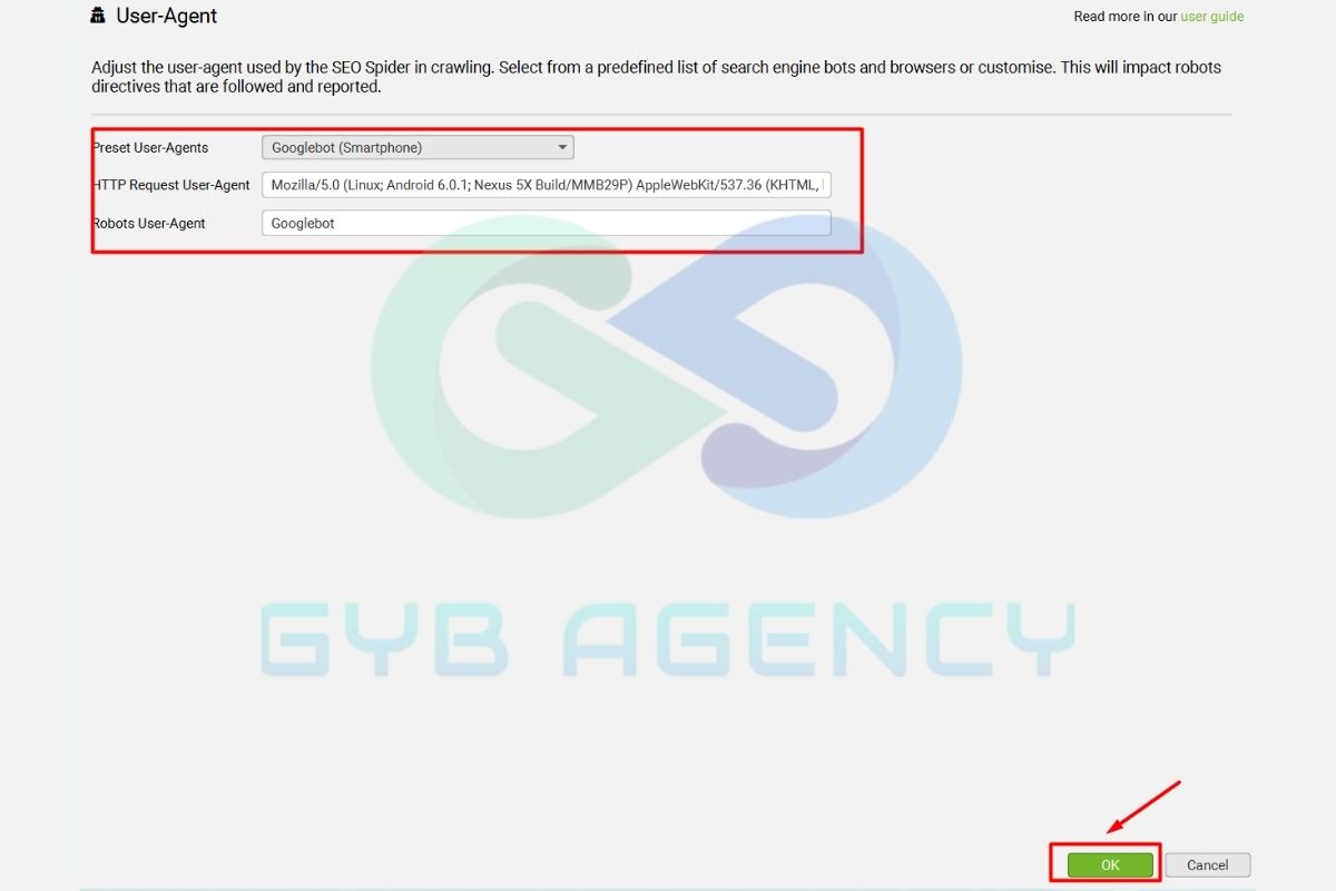 Nhấn chọn Googlebot Smartphone ở tab User Agent
