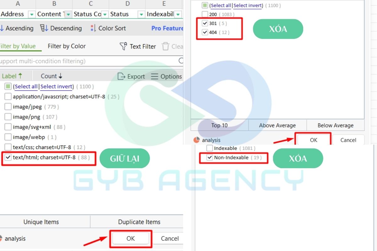 Lọc các dữ liệu cần thiết, xóa bỏ những nội dung không chứa text, bị 404, 500 và Non-indexable