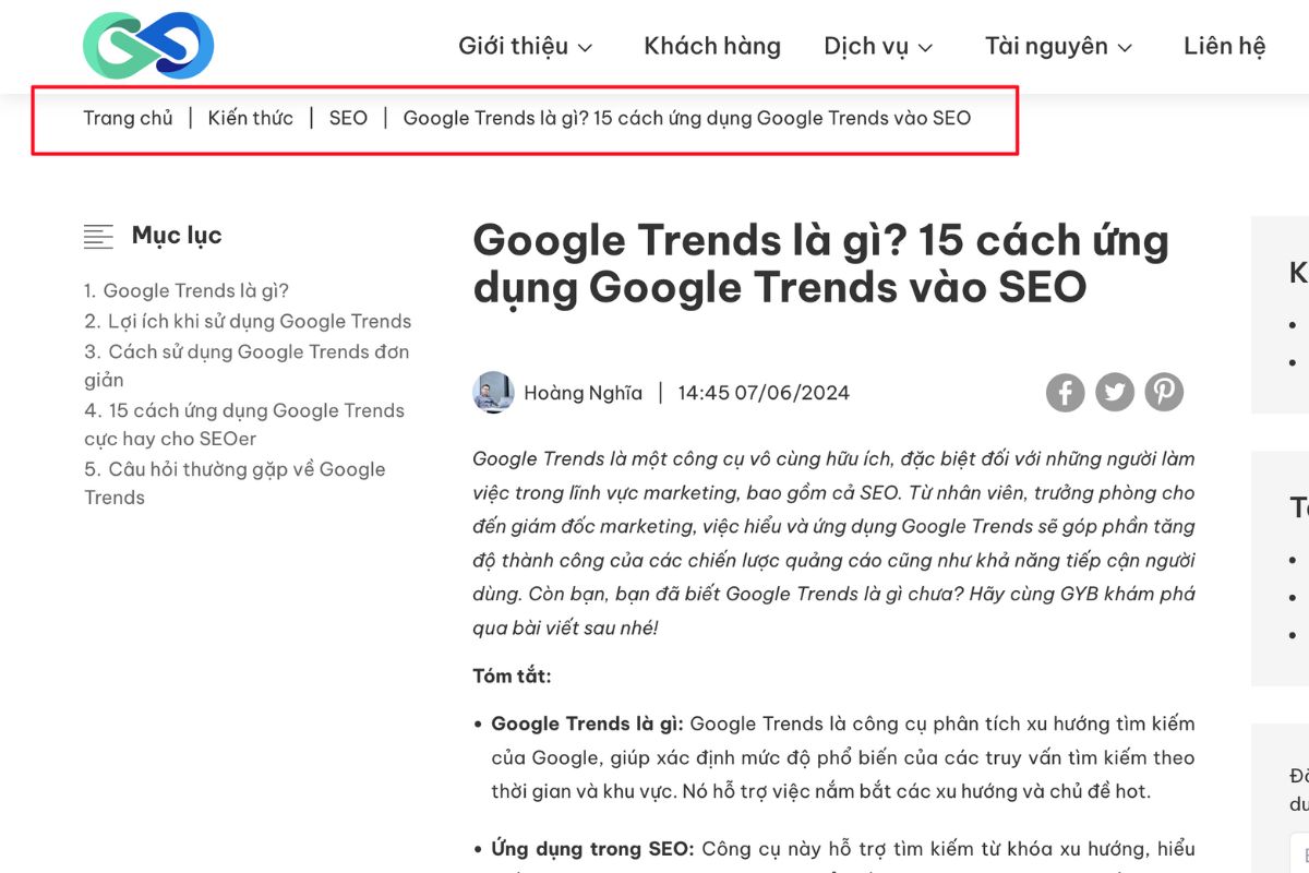 Breadcrumb hiển thị trên cả web và kết quả tìm kiếm