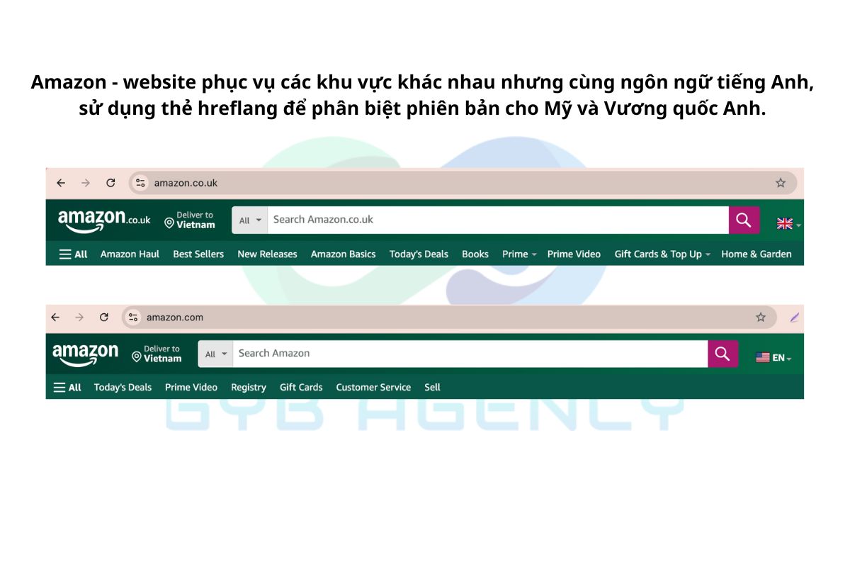 Amazon - website phục vụ các khu vực khác nhau nhưng cùng một ngôn ngữ