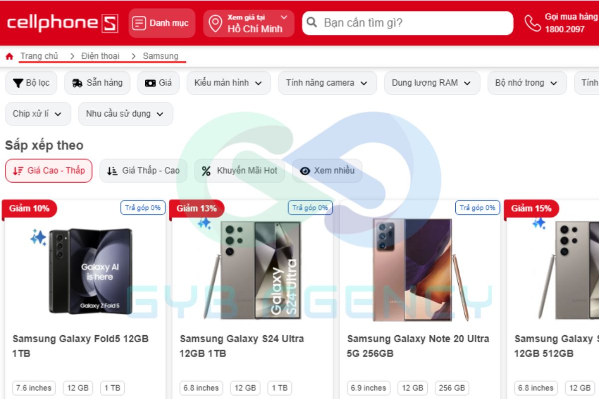 Trang Samsung phân trang để liệt kê sản phẩm theo thương hiệu