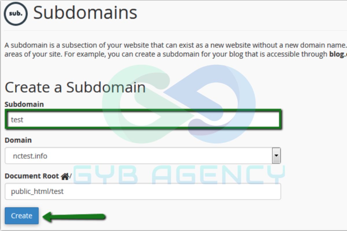 Nhấn tạo subdomain sau khi đã điền đầy đủ thông tin
